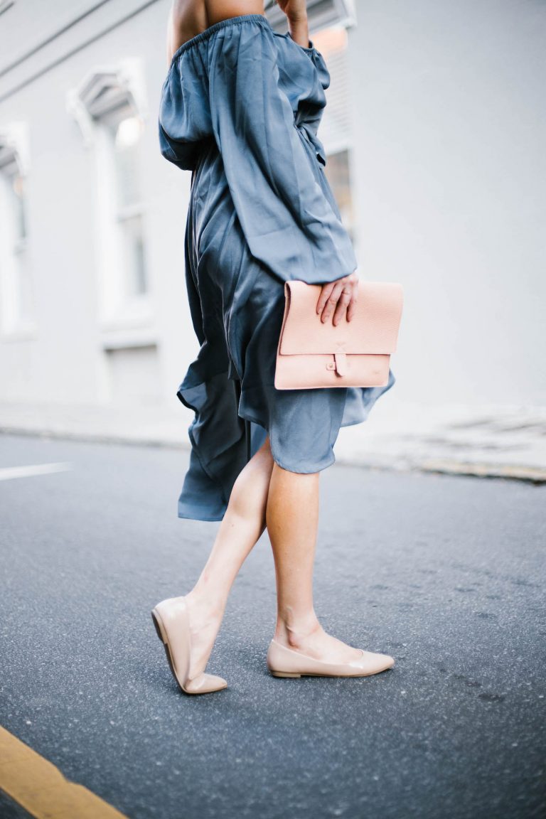 Spring Satins Forever 21 off-the-shoulder dress nude ballet flats blush clutch round sunglasses southern street style downtown fashion week // Charleston Fashion Blogger Dannon Almost Happening