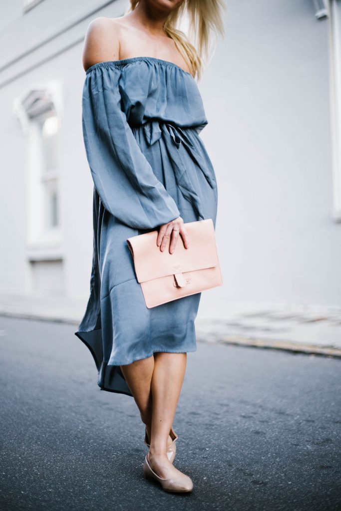 Spring Satins Forever 21 off-the-shoulder dress nude ballet flats blush clutch round sunglasses southern street style downtown fashion week // Charleston Fashion Blogger Dannon Almost Happening 
