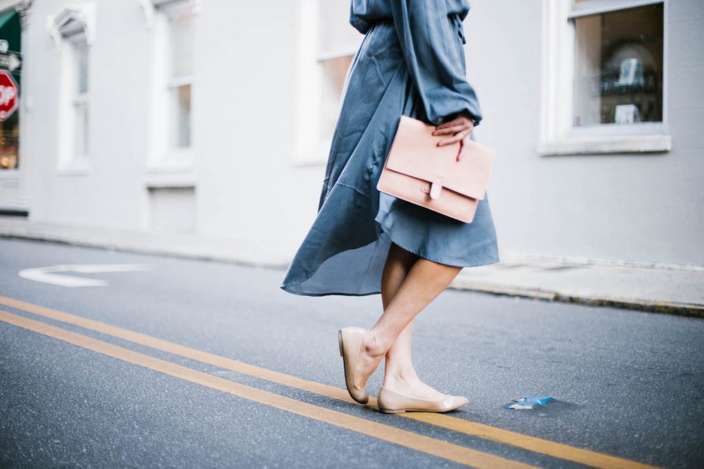 Spring Satins Forever 21 off-the-shoulder dress nude ballet flats blush clutch round sunglasses southern street style downtown fashion week // Charleston Fashion Blogger Dannon Almost Happening 
