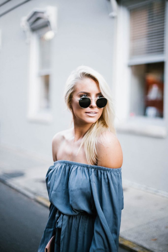 Spring Satins Forever 21 off-the-shoulder dress nude ballet flats blush clutch round sunglasses southern street style downtown fashion week // Charleston Fashion Blogger Dannon Almost Happening 