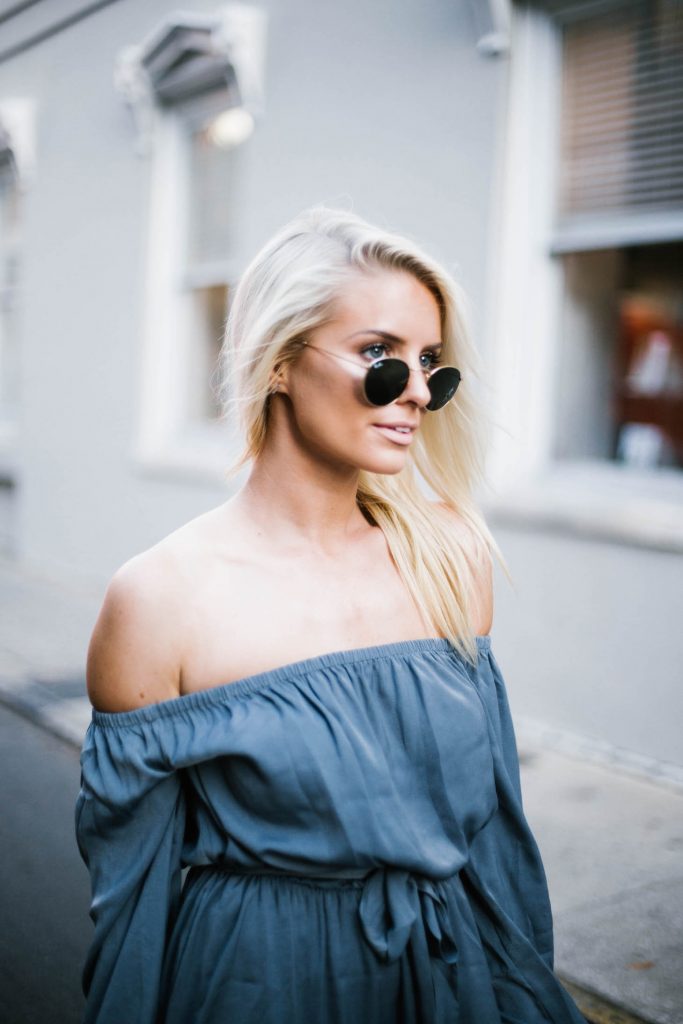 Spring Satins Forever 21 off-the-shoulder dress nude ballet flats blush clutch round sunglasses southern street style downtown fashion week // Charleston Fashion Blogger Dannon Almost Happening 
