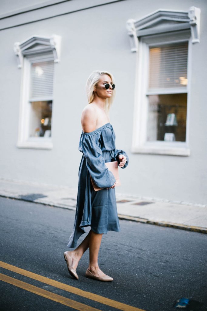Spring Satins Forever 21 off-the-shoulder dress nude ballet flats blush clutch round sunglasses southern street style downtown fashion week // Charleston Fashion Blogger Dannon Almost Happening 