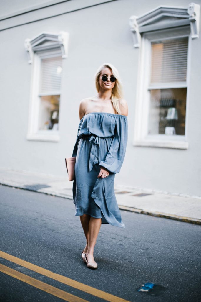 Spring Satins Forever 21 off-the-shoulder dress nude ballet flats blush clutch round sunglasses southern street style downtown fashion week // Charleston Fashion Blogger Dannon Almost Happening 