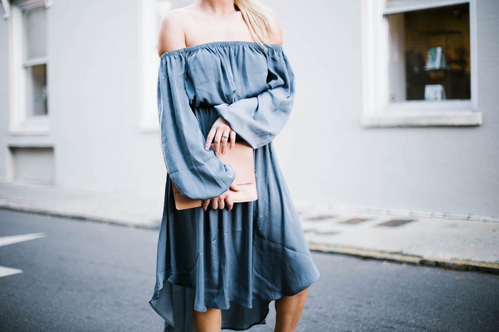 Spring Satins Forever 21 off-the-shoulder dress nude ballet flats blush clutch round sunglasses southern street style downtown fashion week // Charleston Fashion Blogger Dannon Almost Happening 