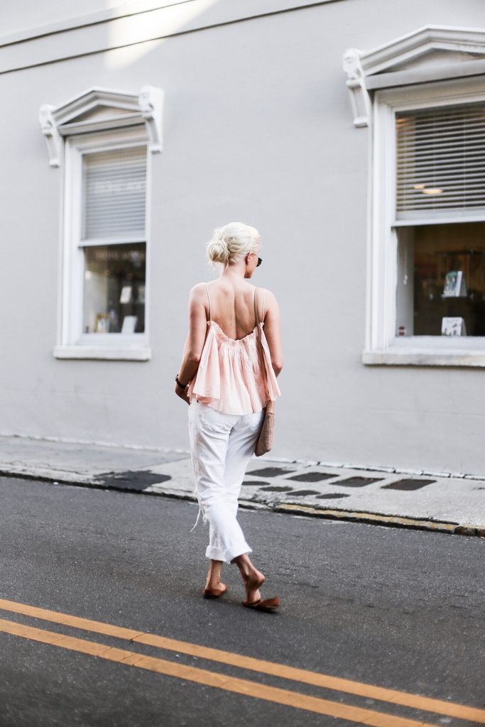 Beachy Apiece Apart Sanna Cropped Cami in Pink Quartz white distressed boyfriend jeans jbrand the sak tomboy crochet cross body satchel platinum blonde hair spring southern street style downtown // Charleston Fashion Blogger Dannon Almost Happening 