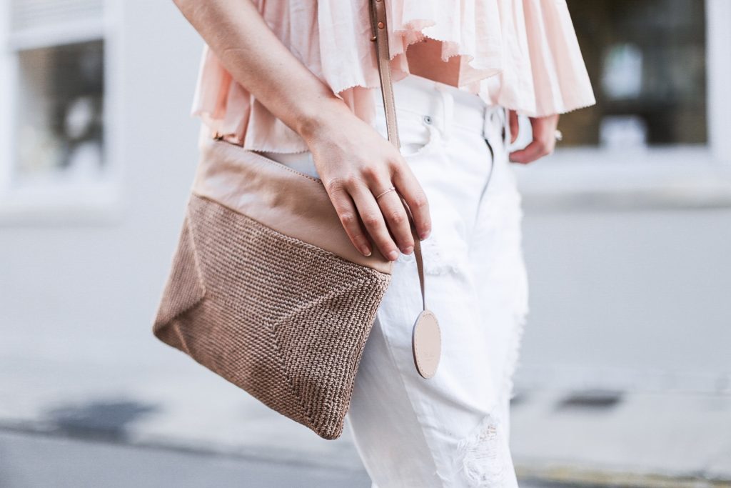 Beachy Apiece Apart Sanna Cropped Cami in Pink Quartz white distressed boyfriend jeans jbrand the sak tomboy crochet cross body satchel platinum blonde hair spring southern street style downtown // Charleston Fashion Blogger Dannon Almost Happening 
