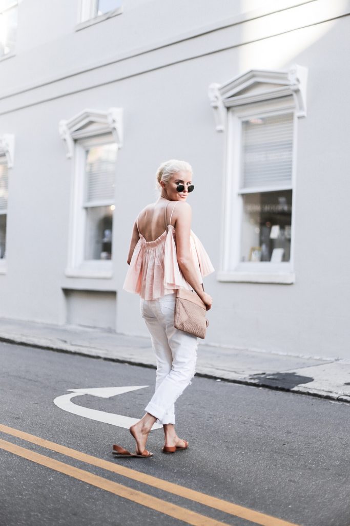 Beachy Apiece Apart Sanna Cropped Cami in Pink Quartz white distressed boyfriend jeans jbrand the sak tomboy crochet cross body satchel platinum blonde hair spring southern street style downtown // Charleston Fashion Blogger Dannon Almost Happening 