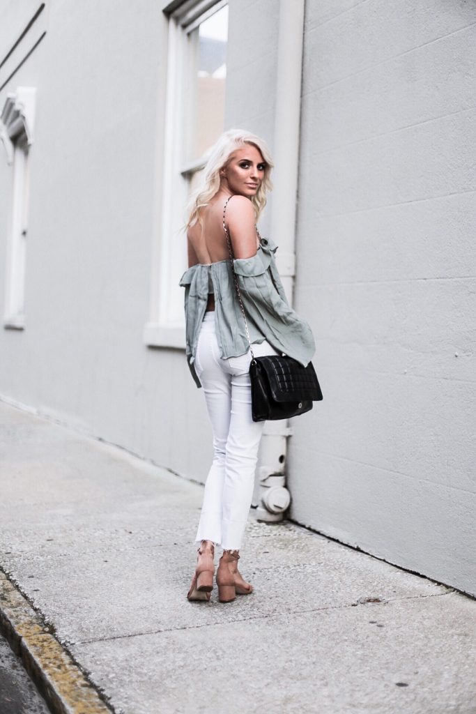 Cold Shoulder ruffle off the shoulder blouse nordstrom 4sI3NNA skinny white jeans ankle strap sandals platinum blonde hair spring southern street style downtown   // Charleston Fashion Blogger Dannon Almost Happening  