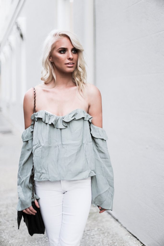 Cold Shoulder ruffle off the shoulder blouse nordstrom 4sI3NNA skinny white jeans ankle strap sandals platinum blonde hair spring southern street style downtown   // Charleston Fashion Blogger Dannon Almost Happening  