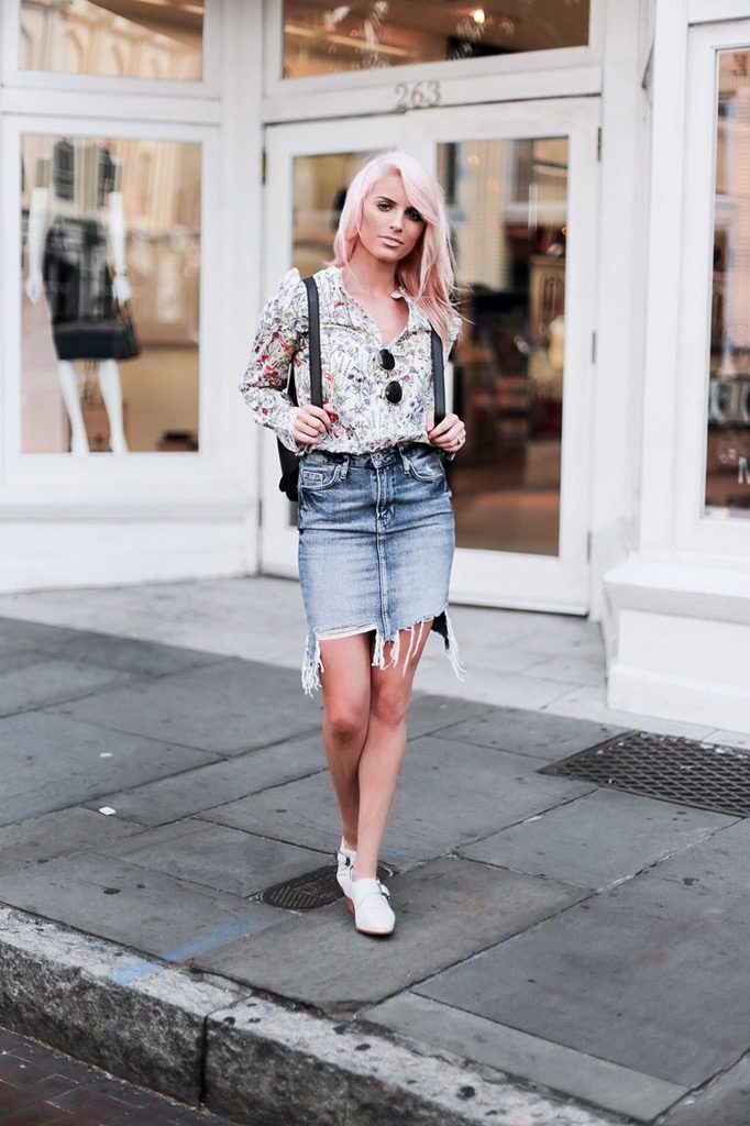 High Water Festival with The Frye Company floral blouse button-up shirt distressed high waist denim pencil skirt white ellen monk ankle boots booties casey backpack platinum blonde pink hair spring southern street style downtown // Charleston Fashion Blogger Dannon Almost Happening