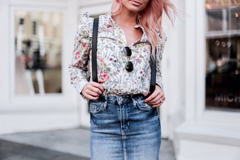 High Water Festival with The Frye Company floral blouse button-up shirt distressed high waist denim pencil skirt white ellen monk ankle boots booties casey backpack platinum blonde pink hair spring southern street style downtown // Charleston Fashion Blogger Dannon Almost Happening