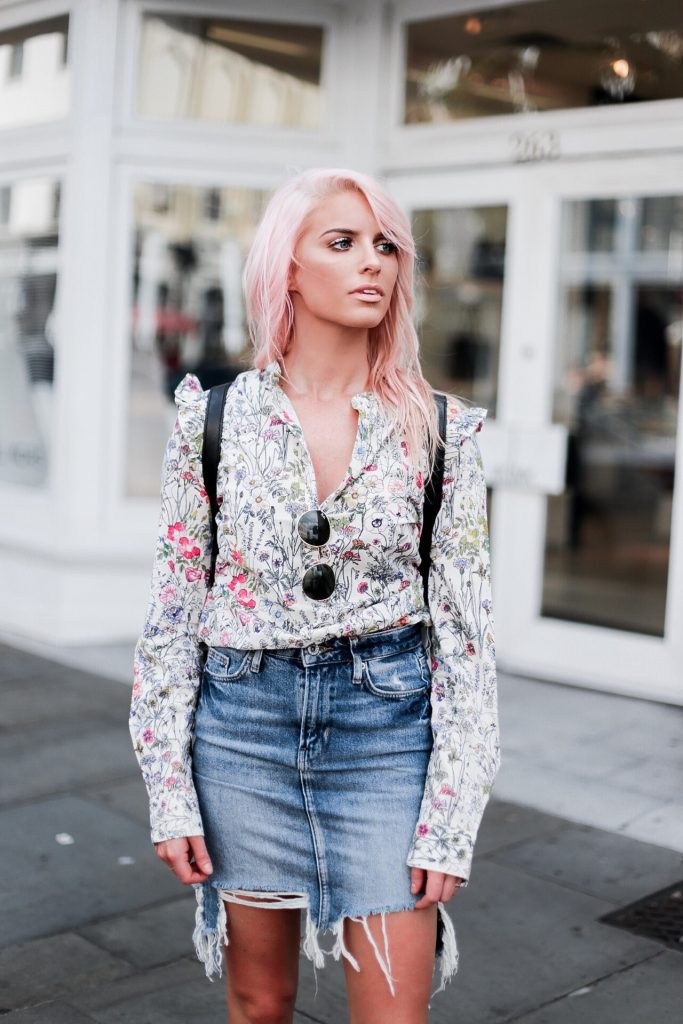 High Water Festival with The Frye Company floral blouse button-up shirt distressed high waist denim pencil skirt white ellen monk ankle boots booties casey backpack platinum blonde pink hair spring southern street style downtown // Charleston Fashion Blogger Dannon Almost Happening
