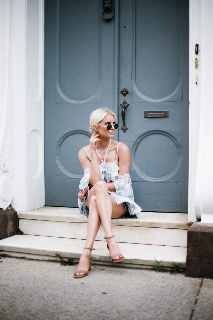 Floral Cami Forever 21 open shoulder cami lace pleated off-the-shoulder top paige denim slit skirt ankle strap tan sandals platinum blonde hair spring southern street style downtown   // Charleston Fashion Blogger Dannon Almost Happening  
