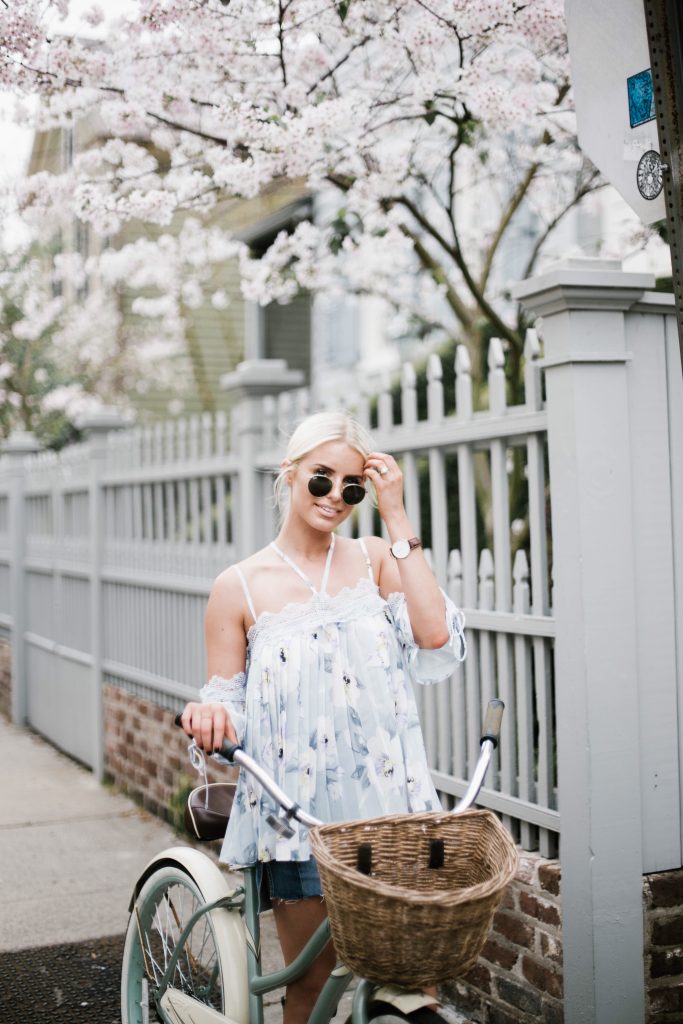 Floral Cami Forever 21 open shoulder cami lace pleated off-the-shoulder top paige denim slit skirt ankle strap tan sandals platinum blonde hair spring southern street style downtown   // Charleston Fashion Blogger Dannon Almost Happening  