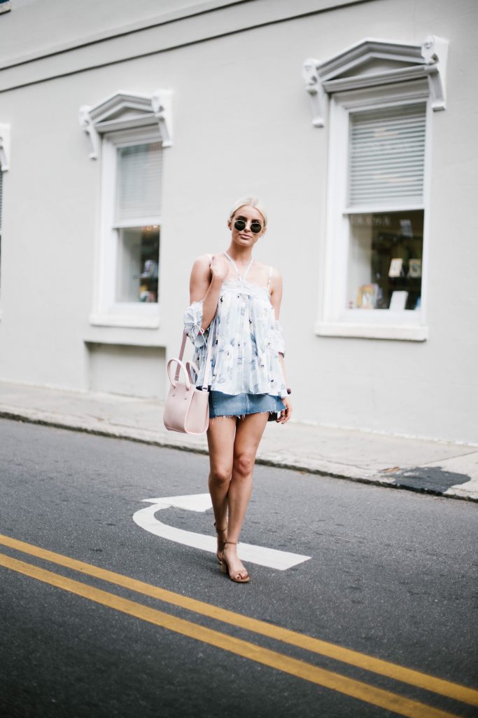 Floral Cami Forever 21 open shoulder cami lace pleated off-the-shoulder top paige denim slit skirt ankle strap tan sandals platinum blonde hair spring southern street style downtown   // Charleston Fashion Blogger Dannon Almost Happening  