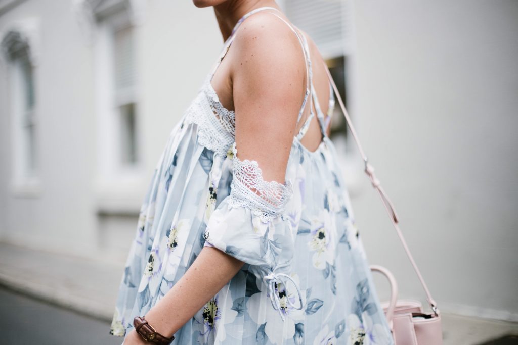 Floral Cami Forever 21 open shoulder cami lace pleated off-the-shoulder top paige denim slit skirt ankle strap tan sandals platinum blonde hair spring southern street style downtown   // Charleston Fashion Blogger Dannon Almost Happening  