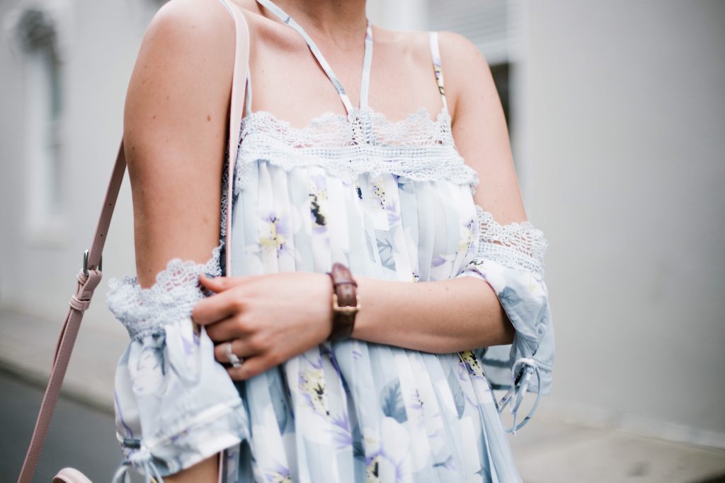 Floral Cami Forever 21 open shoulder cami lace pleated off-the-shoulder top paige denim slit skirt ankle strap tan sandals platinum blonde hair spring southern street style downtown   // Charleston Fashion Blogger Dannon Almost Happening  