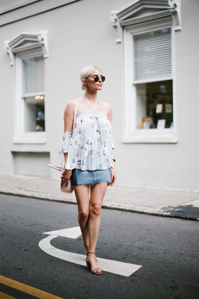 Floral Cami Forever 21 open shoulder cami lace pleated off-the-shoulder top paige denim slit skirt ankle strap tan sandals platinum blonde hair spring southern street style downtown   // Charleston Fashion Blogger Dannon Almost Happening  