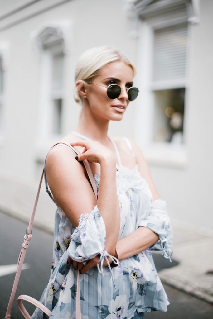 Floral Cami Forever 21 open shoulder cami lace pleated off-the-shoulder top paige denim slit skirt ankle strap tan sandals platinum blonde hair spring southern street style downtown   // Charleston Fashion Blogger Dannon Almost Happening  