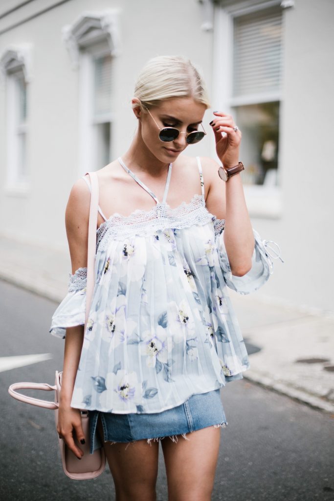 Floral Cami Forever 21 open shoulder cami lace pleated off-the-shoulder top paige denim slit skirt ankle strap tan sandals platinum blonde hair spring southern street style downtown   // Charleston Fashion Blogger Dannon Almost Happening  