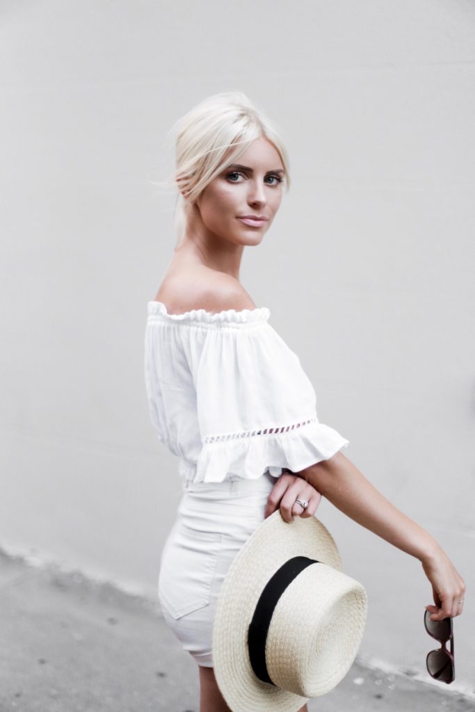 Ciao Bella! H&M short high waist white shorts target women’s boater hat wicker crinkled off-the-shoulder crochet top ruffle ankle strap sandals platinum blonde hair spring southern street style downtown // Charleston Fashion Blogger Dannon Almost Happening 