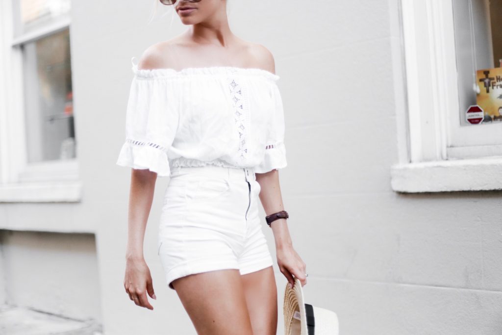 Ciao Bella! H&M short high waist white shorts target women’s boater hat wicker crinkled off-the-shoulder crochet top ruffle ankle strap sandals platinum blonde hair spring southern street style downtown // Charleston Fashion Blogger Dannon Almost Happening 