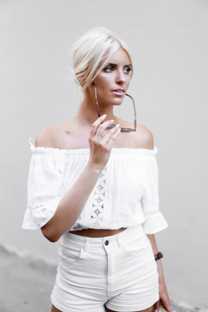 Ciao Bella! H&M short high waist white shorts target women’s boater hat wicker crinkled off-the-shoulder crochet top ruffle ankle strap sandals platinum blonde hair spring southern street style downtown // Charleston Fashion Blogger Dannon Almost Happening 