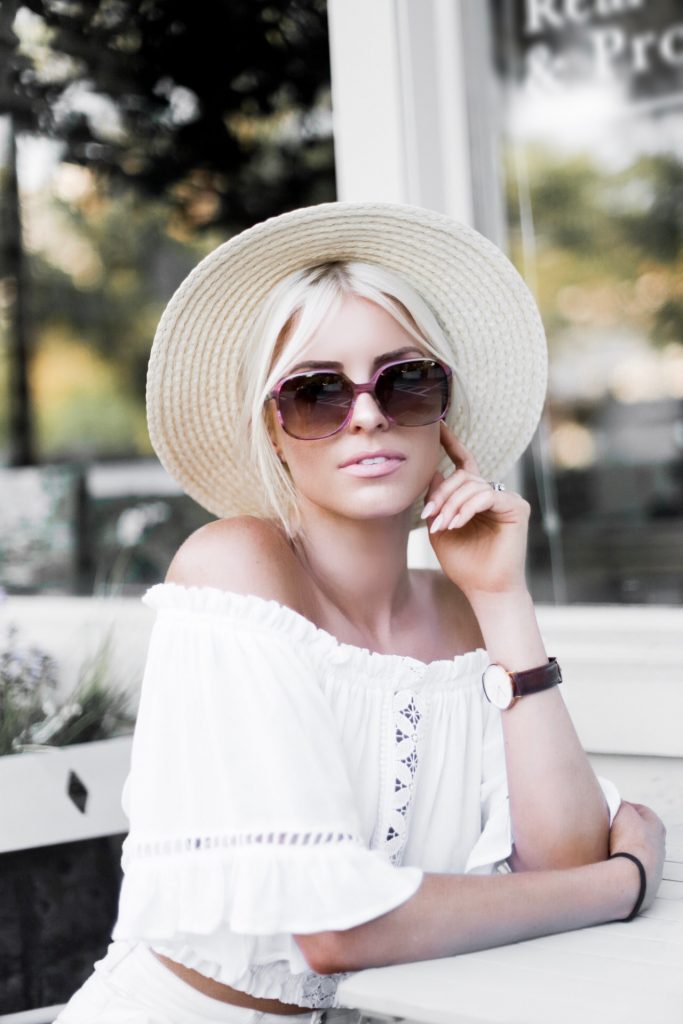 Ciao Bella! H&M short high waist white shorts target women’s boater hat wicker crinkled off-the-shoulder crochet top ruffle ankle strap sandals platinum blonde hair spring southern street style downtown // Charleston Fashion Blogger Dannon Almost Happening 