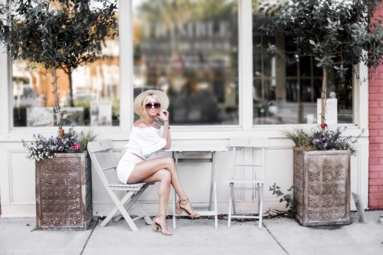 Ciao Bella! H&M short high waist white shorts target women’s boater hat wicker crinkled off-the-shoulder crochet top ruffle ankle strap sandals platinum blonde hair spring southern street style downtown // Charleston Fashion Blogger Dannon Almost Happening