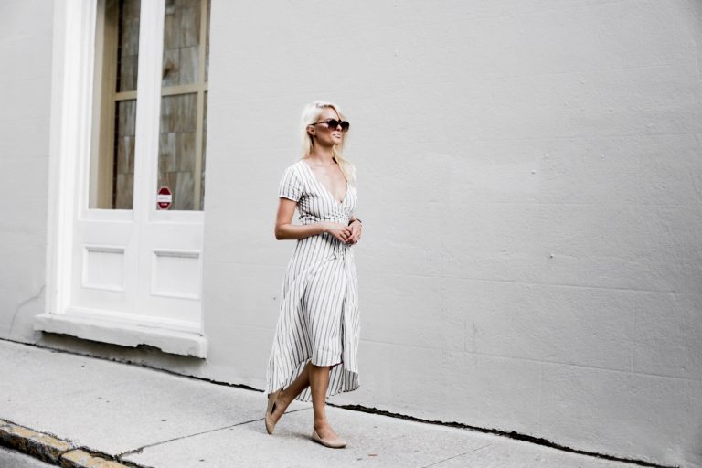 Linen Stripes ride side wrap dress v neck short sleeve midi ankle strap sandals platinum blonde hair spring southern street style downtown // Charleston Fashion Blogger Dannon Almost Happening