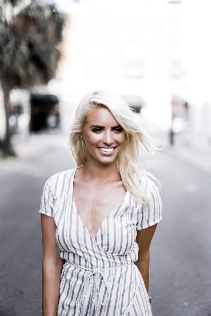 Linen Stripes ride side wrap dress v neck short sleeve midi ankle strap sandals platinum blonde hair spring southern street style downtown   // Charleston Fashion Blogger Dannon Almost Happening  
