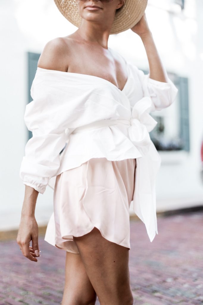 Charleston, Italy?! wayf janis wrap shirt off the shoulder top blouse nordstrom Leith smock waist shorts ankle strap sandals european italian style platinum blonde hair spring southern street style downtown // Charleston Fashion Blogger Dannon Almost Happening