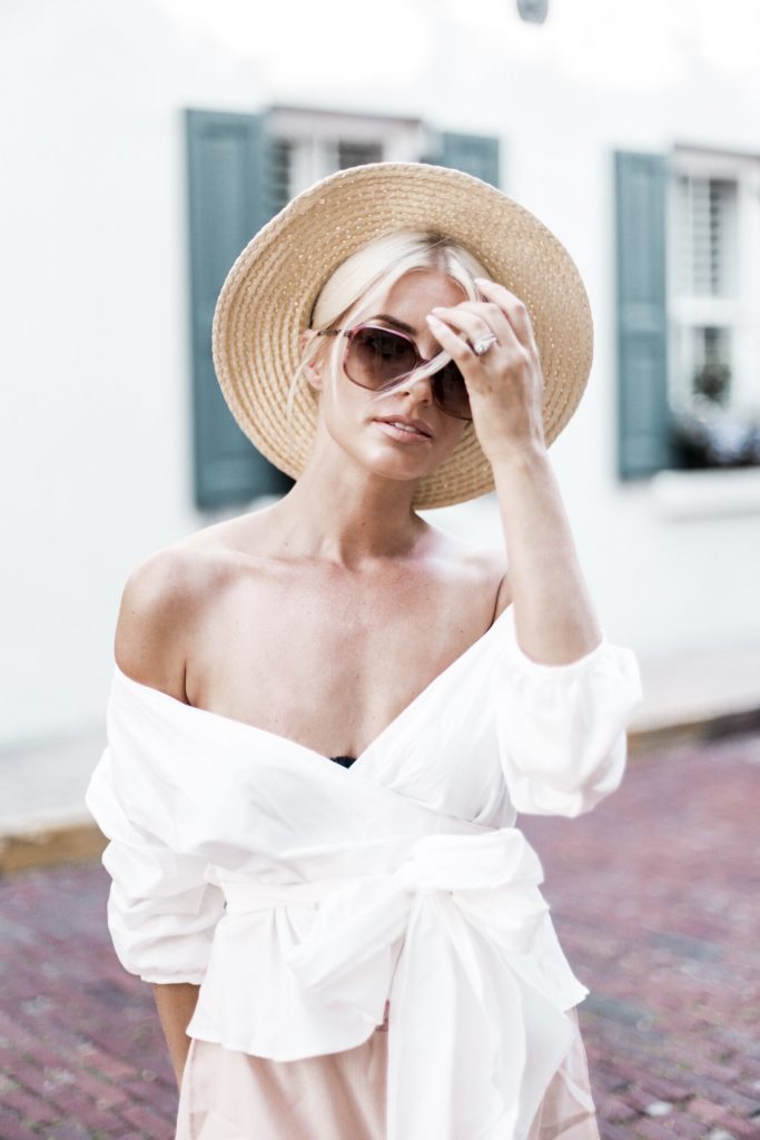 Charleston, Italy?! wayf janis wrap shirt off the shoulder top blouse nordstrom Leith smock waist shorts ankle strap sandals european italian style platinum blonde hair spring southern street style downtown // Charleston Fashion Blogger Dannon Almost Happening