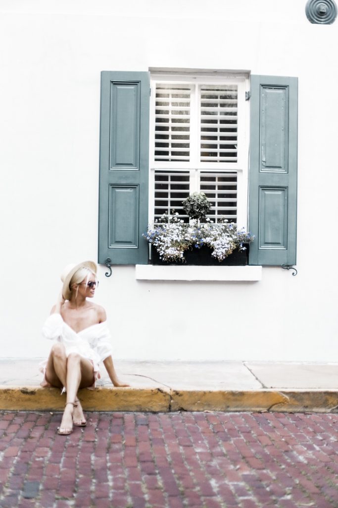 Charleston, Italy?! wayf janis wrap shirt off the shoulder top blouse nordstrom Leith smock waist shorts ankle strap sandals european italian style platinum blonde hair spring southern street style downtown // Charleston Fashion Blogger Dannon Almost Happening