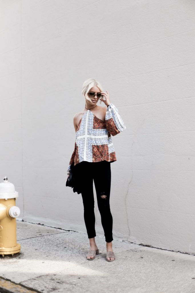 Paisley Prints line & Dot Tasha Halter Top off the shoulder tan suede mules european italian style platinum blonde hair spring southern street style downtown   // Charleston Fashion Blogger Dannon Almost Happening  