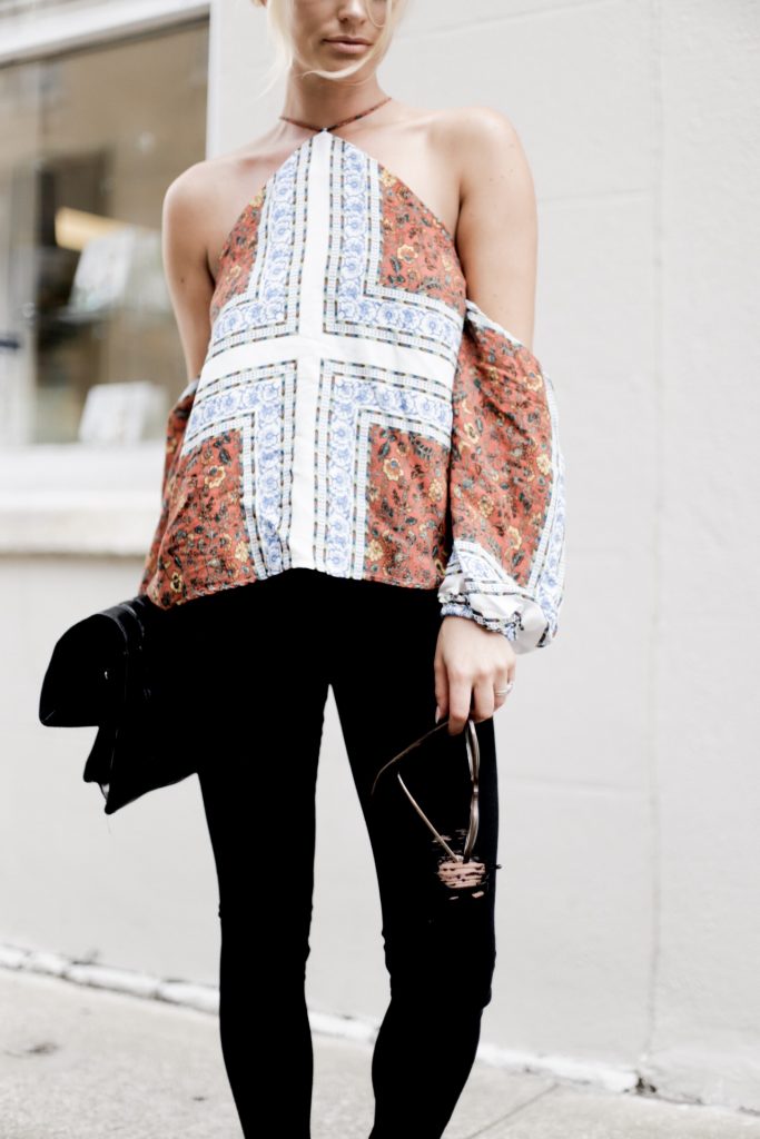 Paisley Prints line & Dot Tasha Halter Top off the shoulder tan suede mules european italian style platinum blonde hair spring southern street style downtown   // Charleston Fashion Blogger Dannon Almost Happening  