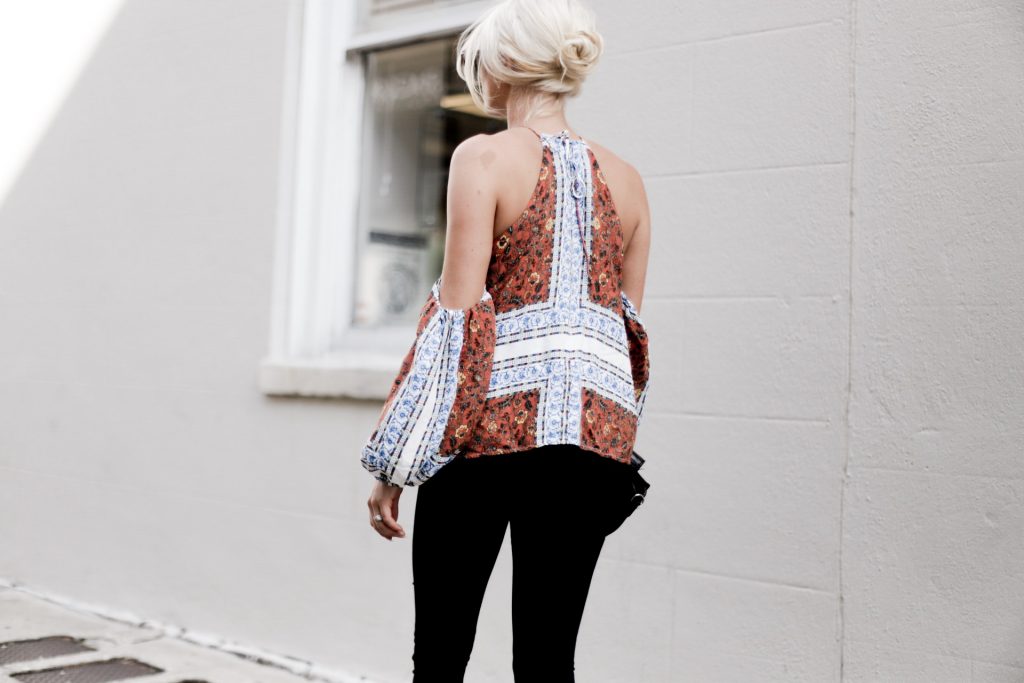 Paisley Prints line & Dot Tasha Halter Top off the shoulder tan suede mules european italian style platinum blonde hair spring southern street style downtown   // Charleston Fashion Blogger Dannon Almost Happening  
