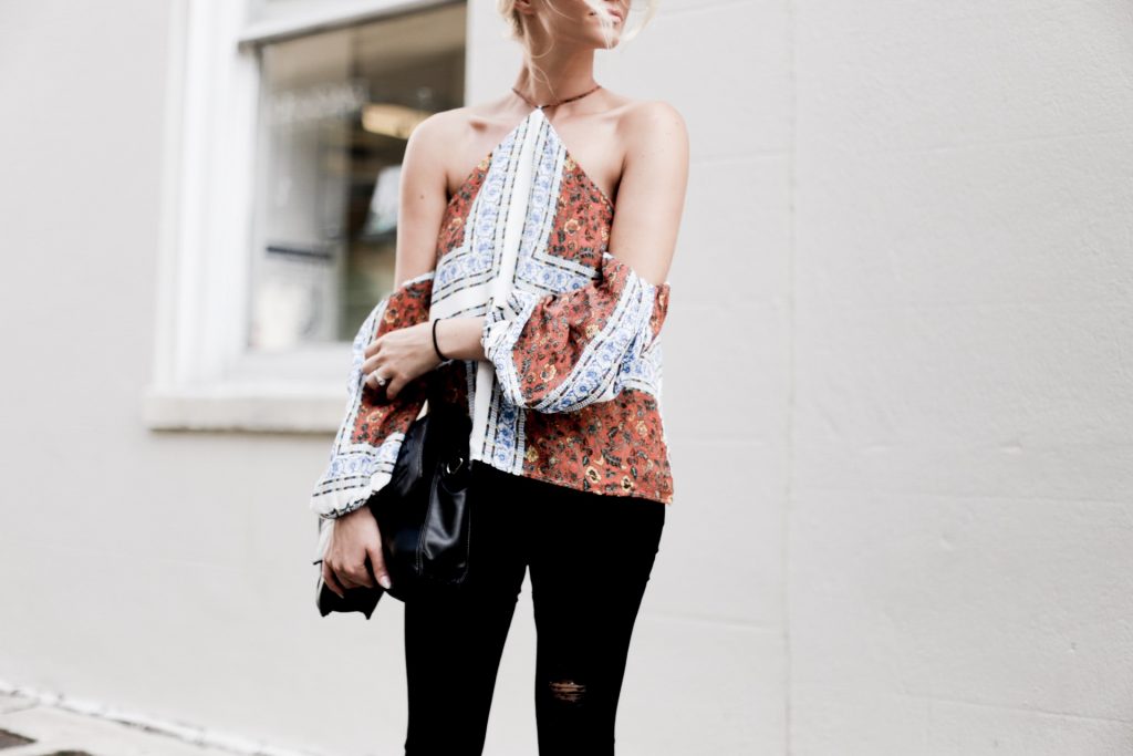 Paisley Prints line & Dot Tasha Halter Top off the shoulder tan suede mules european italian style platinum blonde hair spring southern street style downtown   // Charleston Fashion Blogger Dannon Almost Happening  