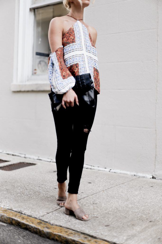 Paisley Prints line & Dot Tasha Halter Top off the shoulder tan suede mules european italian style platinum blonde hair spring southern street style downtown   // Charleston Fashion Blogger Dannon Almost Happening  
