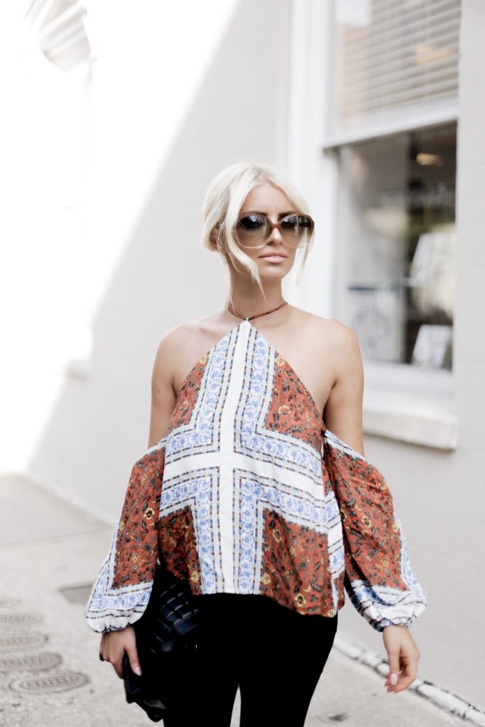 Paisley Prints line & Dot Tasha Halter Top off the shoulder tan suede mules european italian style platinum blonde hair spring southern street style downtown   // Charleston Fashion Blogger Dannon Almost Happening  