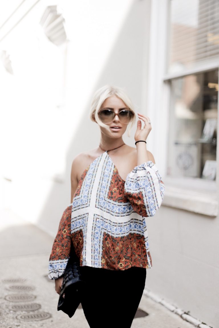 Paisley Prints line & Dot Tasha Halter Top off the shoulder tan suede mules european italian style platinum blonde hair spring southern street style downtown // Charleston Fashion Blogger Dannon Almost Happening
