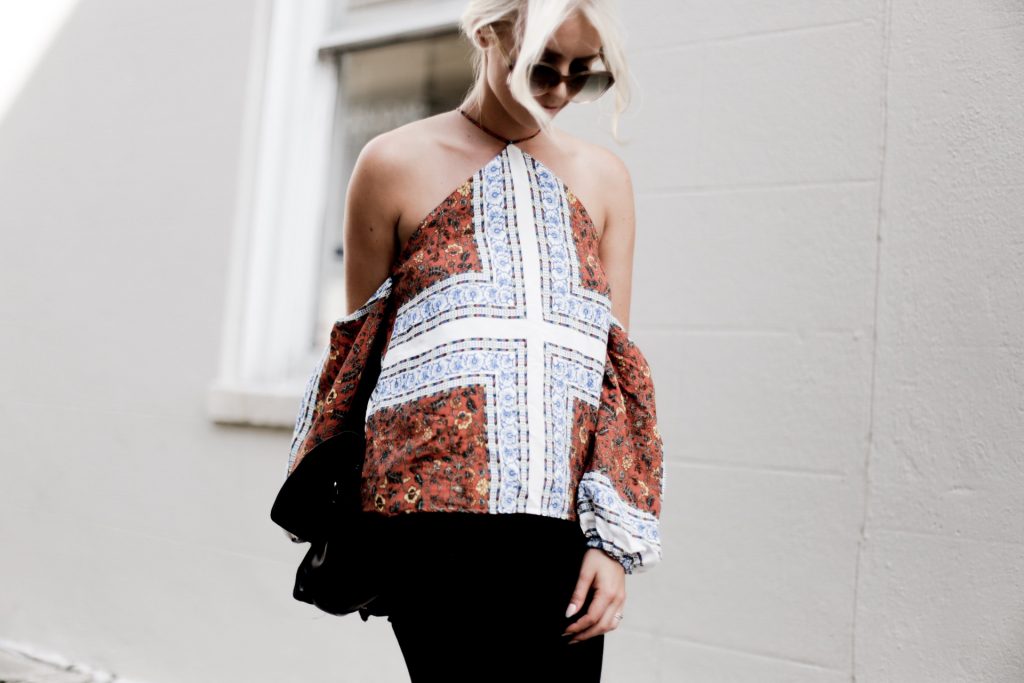 Paisley Prints line & Dot Tasha Halter Top off the shoulder tan suede mules european italian style platinum blonde hair spring southern street style downtown   // Charleston Fashion Blogger Dannon Almost Happening  