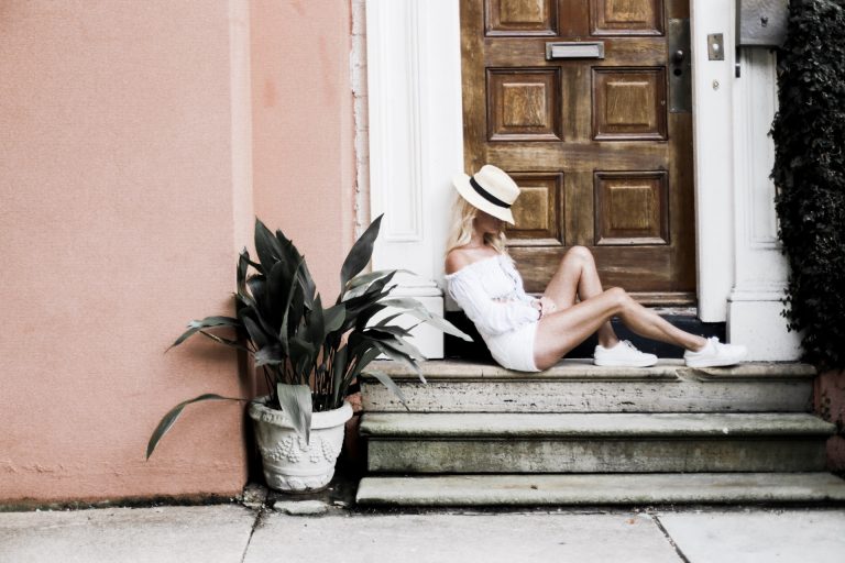 Second Sunday Majorelle Sangria Top dusty blue high waist shorts boater hat 1950s inspired oversized sunglasses european italian style platinum blonde hair spring southern street style downtown // Charleston Fashion Blogger Dannon Almost Happening