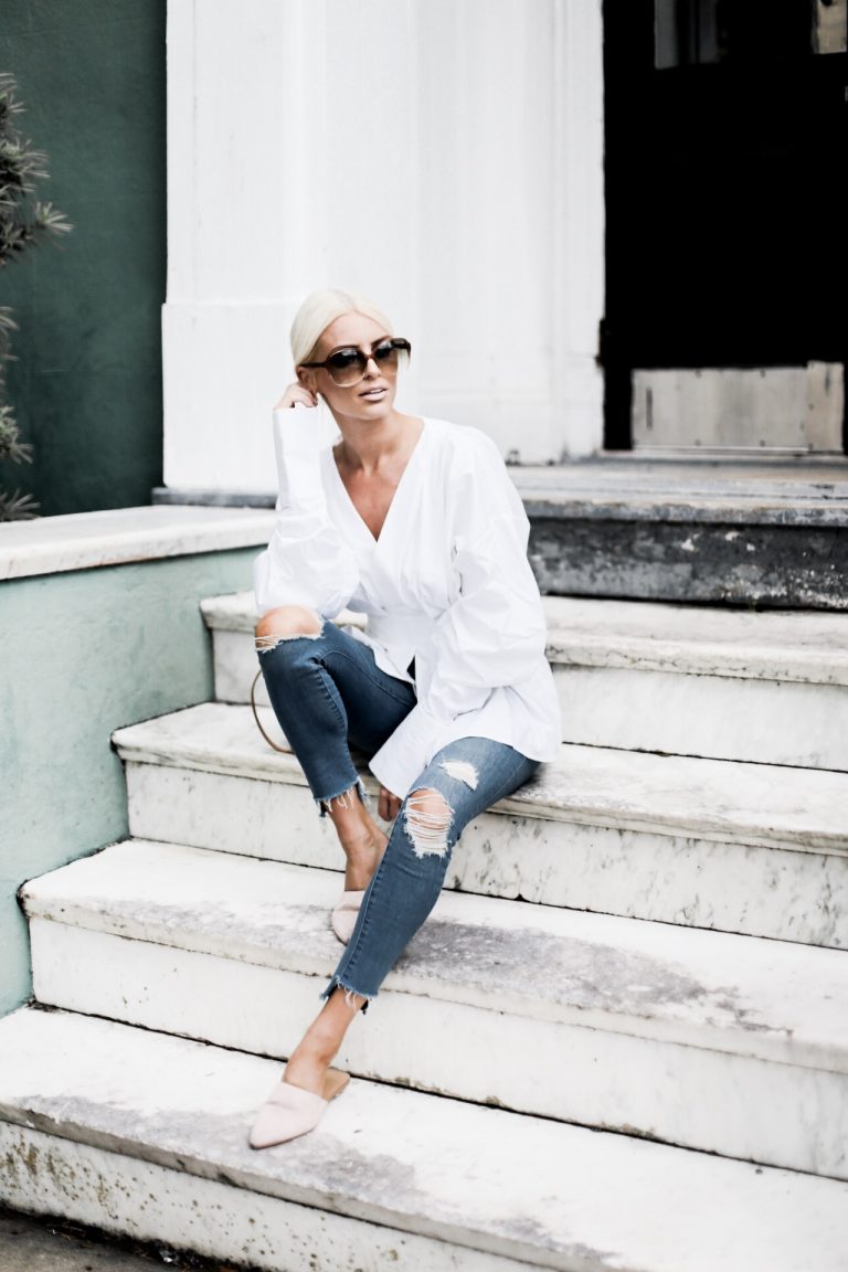 Summer Chic H&M structured long sleeve plunge neck blouse exaggerated sleeves skinny jeans slip on pointed mules slide on // Charleston Fashion Blogger Dannon Almost Happening