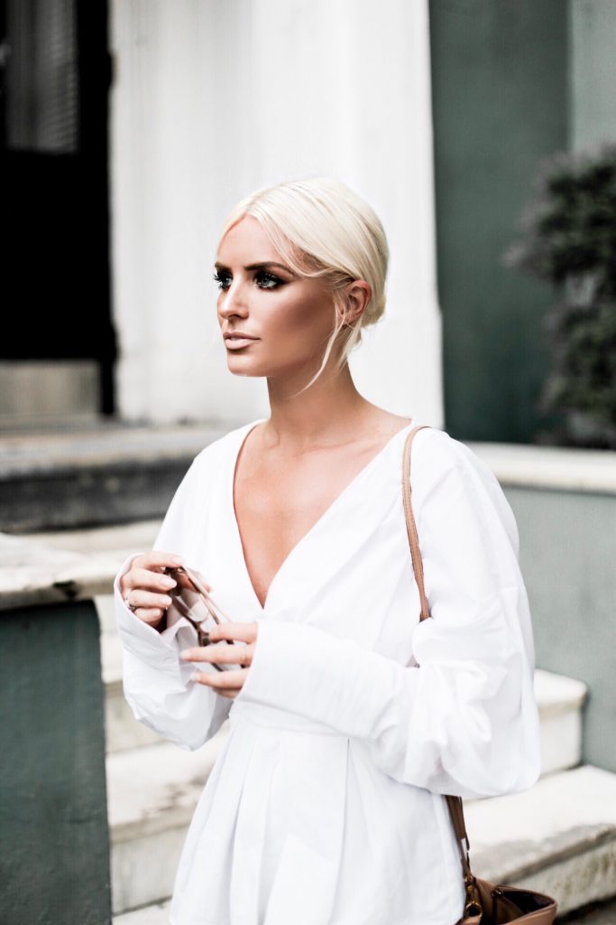 Summer Chic H&M structured long sleeve plunge neck blouse exaggerated sleeves skinny jeans slip on pointed mules slide on // Charleston Fashion Blogger Dannon Almost Happening 