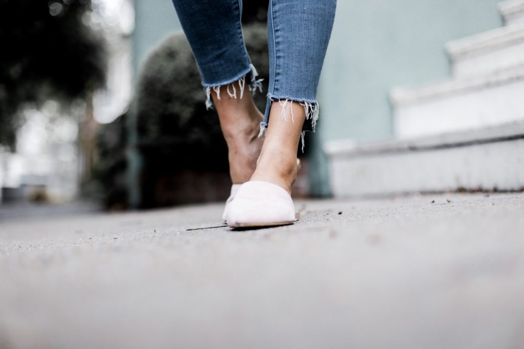 Summer Chic H&M structured long sleeve plunge neck blouse exaggerated sleeves skinny jeans slip on pointed mules slide on // Charleston Fashion Blogger Dannon Almost Happening 