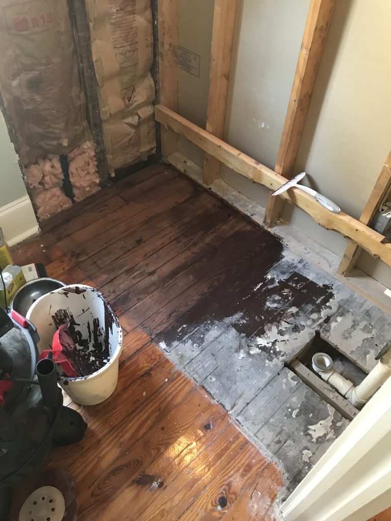 Guest Bath Process Clawfoot Tub Historic Downtown Home renovation bathroom hardwood white mid century Charleston Fashion Blogger Dannon K. Collard Almost Happening