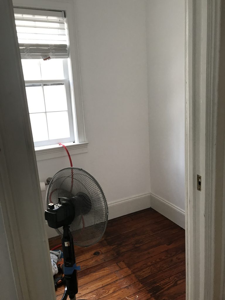 Guest Bath Process Clawfoot Tub Historic Downtown Home renovation bathroom hardwood white mid century Charleston Fashion Blogger Dannon K. Collard Almost Happening
