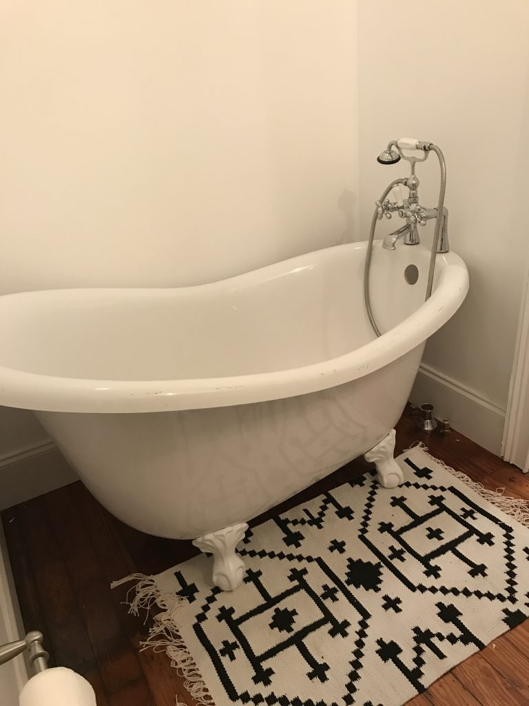 Guest Bath Process Clawfoot Tub Historic Downtown Home renovation bathroom hardwood white mid century Charleston Fashion Blogger Dannon K. Collard Almost Happening