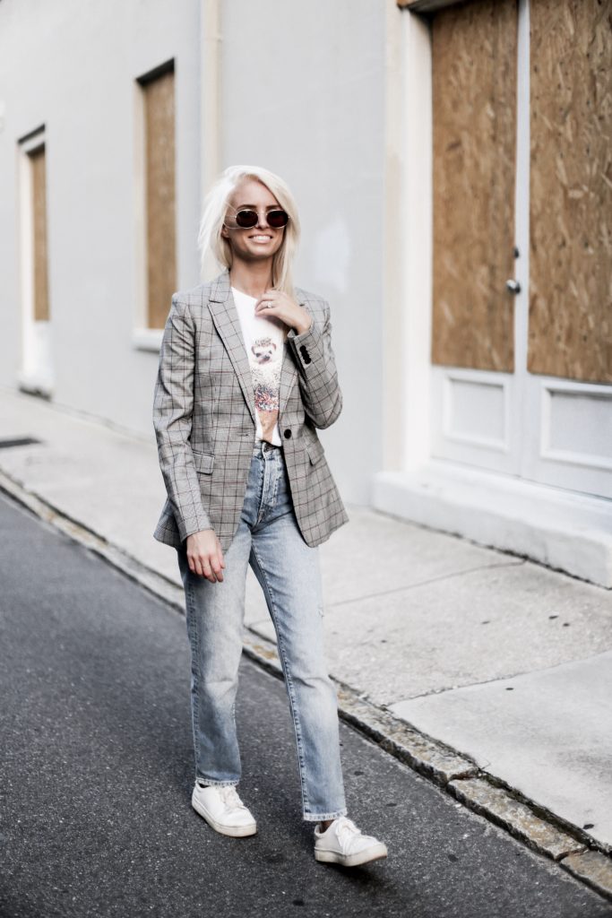 90’s Punk Kid style checkered plaid blazer coat boyfriend mom jeans vintage graphic tee  // Charleston Fashion Blogger Dannon Almost Happening  